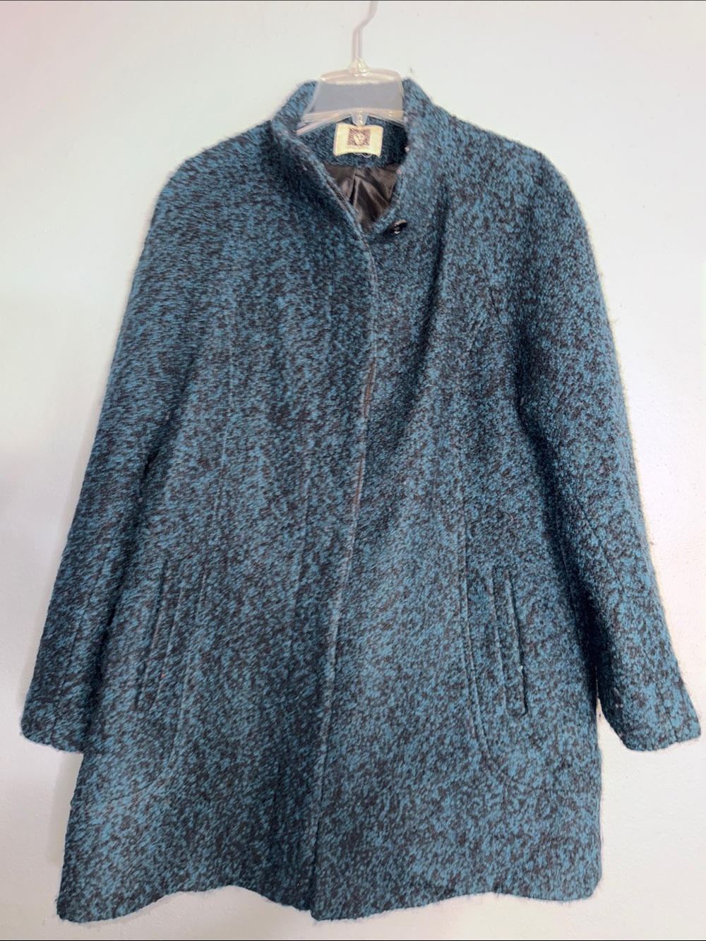 Anne Klein Teal-Black Textured Wool-Blend Pea Coat